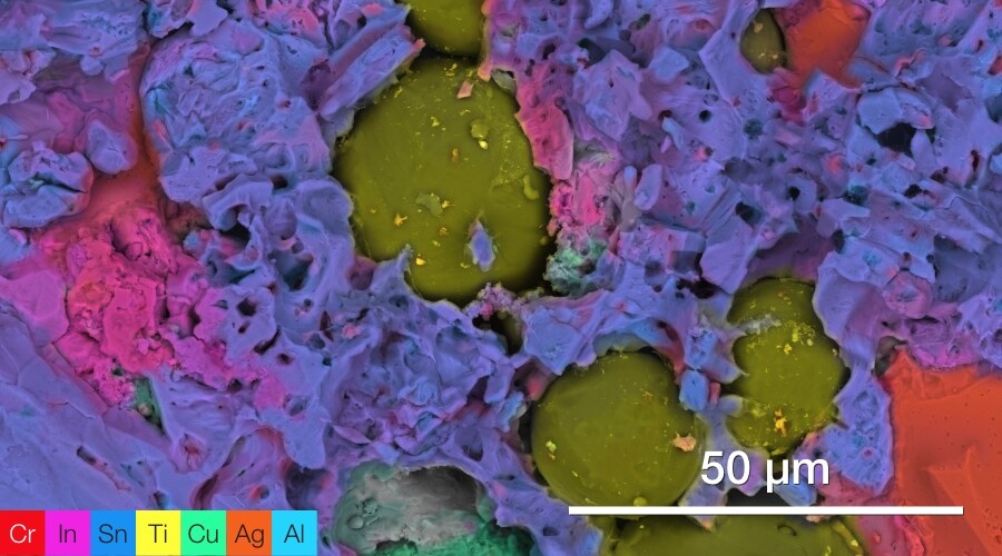 ChemiSEM image of dental filling material, showing a mixture of Hg, Cu, Sn and Ag. picture by Quattro ESEM